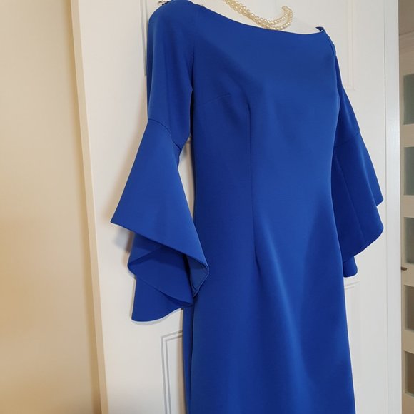 OLIMARA Blue Classy Cocktail Dress with 3/4 Bell sleeves, Made in Spain, sz 8/10 - Picture 4 of 11